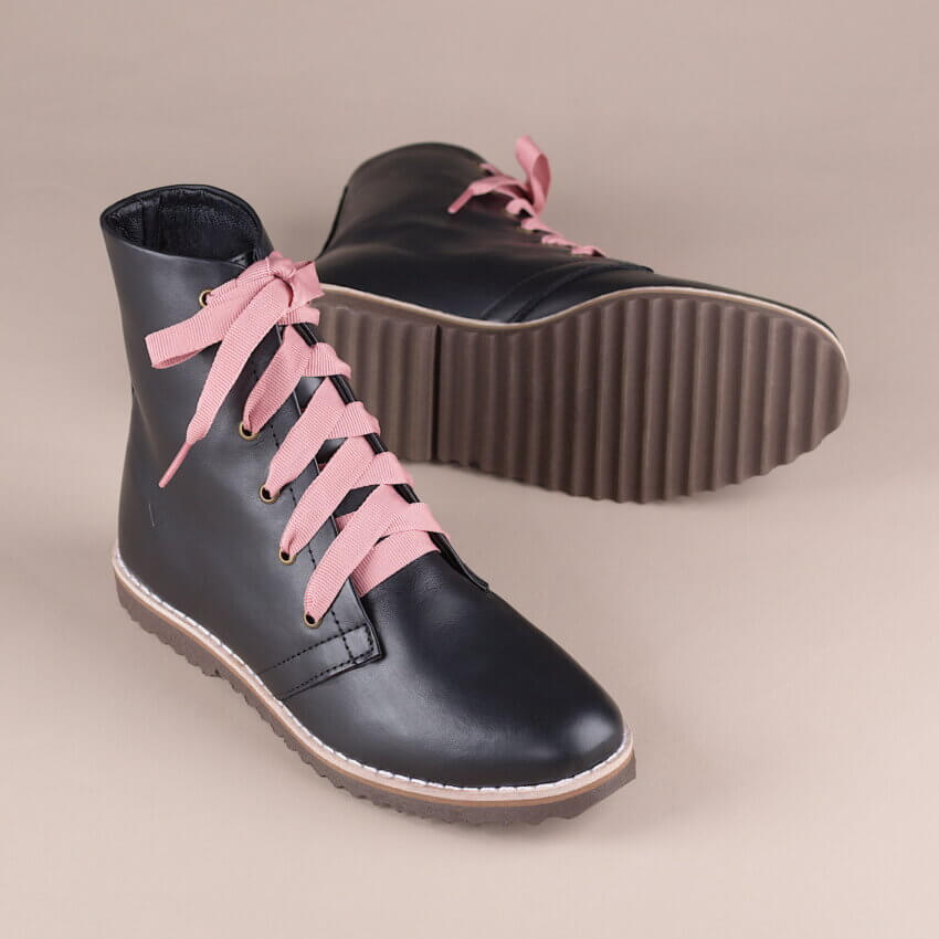 Valete Media Preta Cadarço Rosa 03