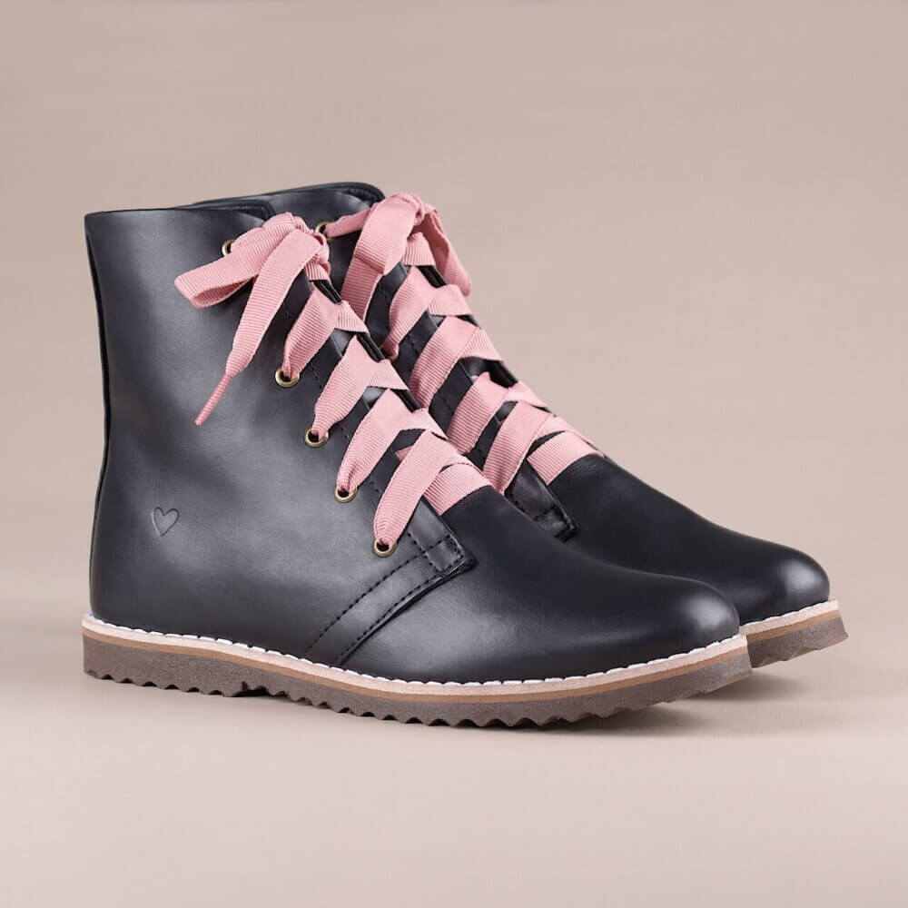 Valete Media Preta Cadarço Rosa